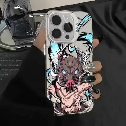 Clear demon slayer tanjiro phone case with vibrant anime character holding swords and dynamic black cyan streaks background