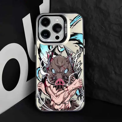 A vibrant demon slayer tanjiro phone case with a fierce muscular character holding swords on a cream background