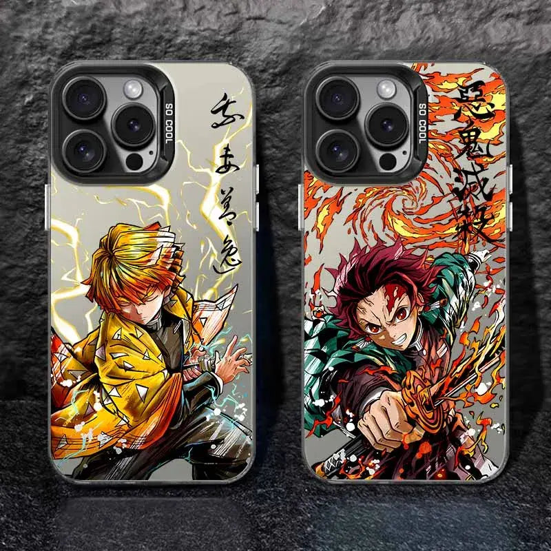 Two anime-themed demon slayer tanjiro phone cases with yellow black and fiery orange red designs on the back side