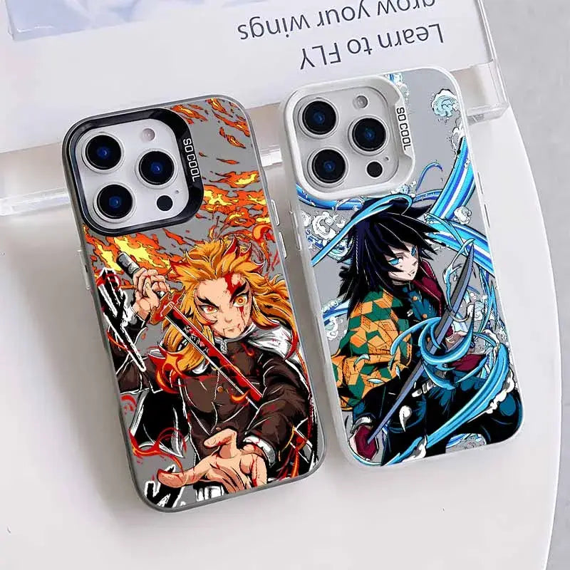Two anime-themed demon slayer tanjiro phone cases featuring fiery orange hair and green checkered attire with blue energy designs