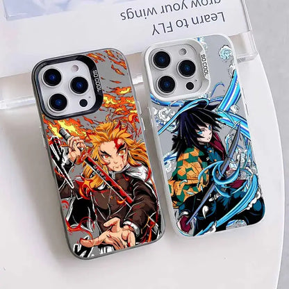 Two anime-themed demon slayer tanjiro phone cases featuring fiery orange hair and green checkered attire with blue energy designs