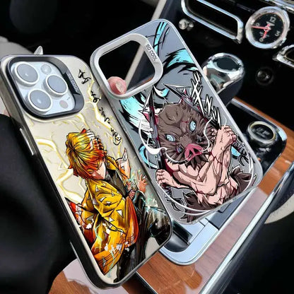 Two colorful demon slayer tanjiro phone cases featuring a character in orange kimono and a blue-eyed muscular creature