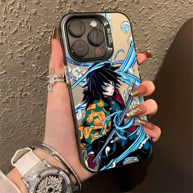 Demon slayer tanjiro phone case with vibrant anime character, black hair, blue eyes, orange green jacket, and blue swirl design