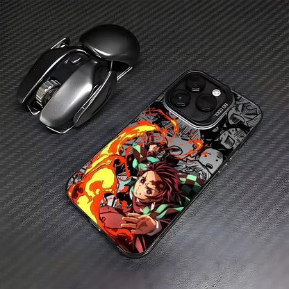 Back side of a demon slayer tanjiro phone case with glossy red hair design fiery flames and black checkered accents