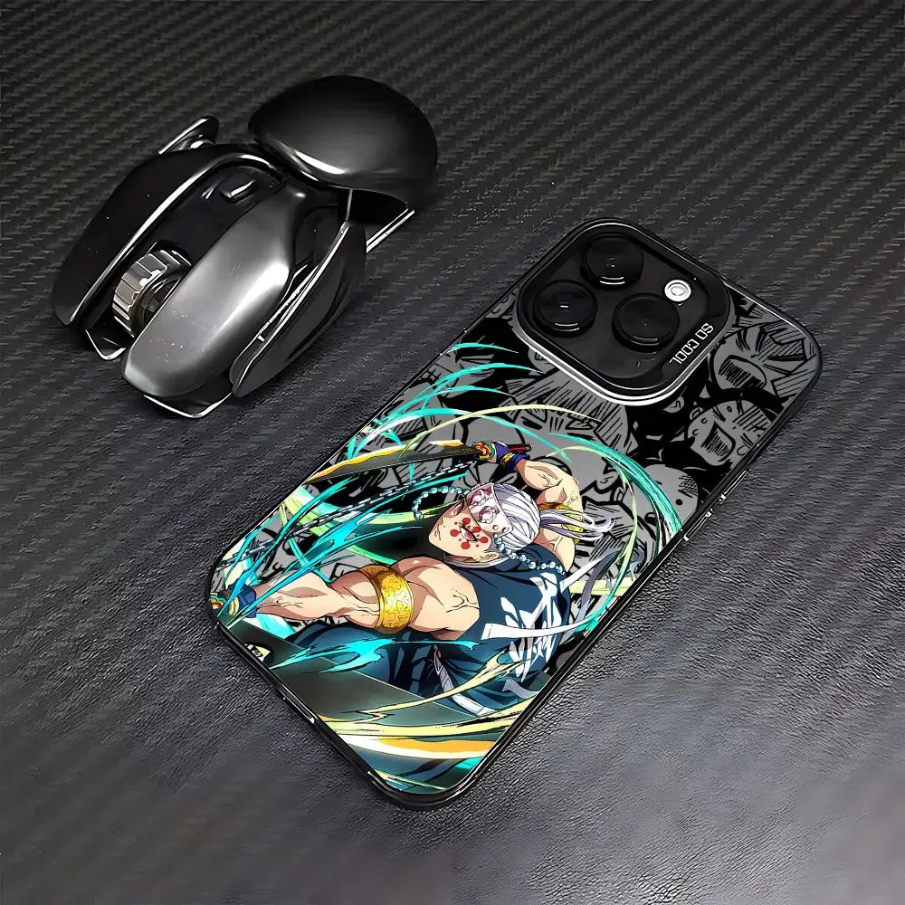 Black demon slayer tanjiro phone case with vibrant anime white hair character and teal gold energy effects back view