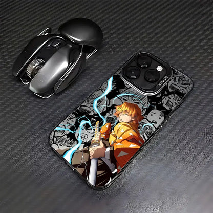 Black matte demon slayer tanjiro phone case with vibrant orange hair anime and blue lightning design on back side