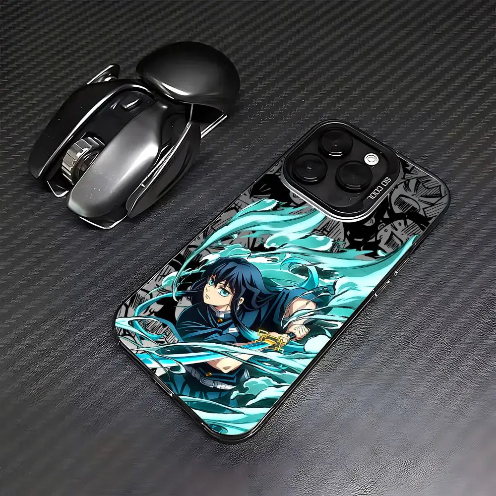 Teal and black matte demon slayer tanjiro phone case with dynamic flowing energy illustration and anti-fall protection