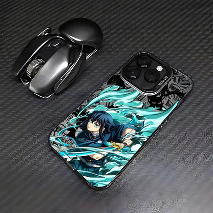 Teal and black matte demon slayer tanjiro phone case with dynamic flowing energy illustration and anti-fall protection