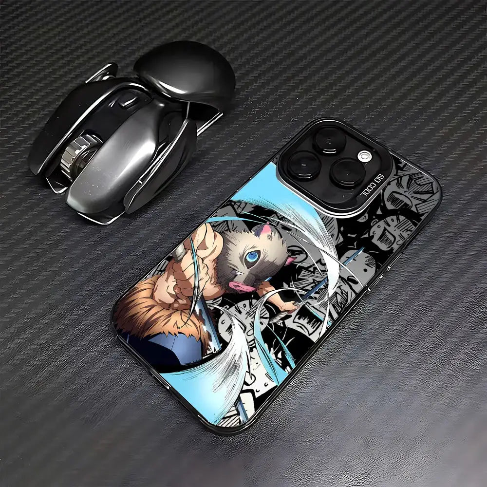 Black demon slayer tanjiro phone case with vibrant inosuke hashibira anime illustration and matte anti-fall cover