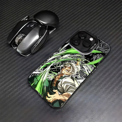 Black matte demon slayer tanjiro phone case featuring vibrant green and white anime design with dynamic motion lines back view