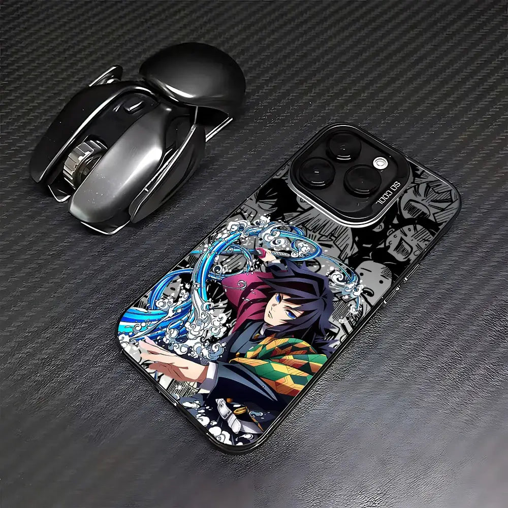 Vibrant matte demon slayer tanjiro phone case with dark hair character and intricate black-and-white background design