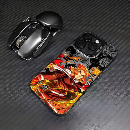 Vibrant red and gold demon slayer tanjiro phone case with fiery character design matte anti-fall cover back side
