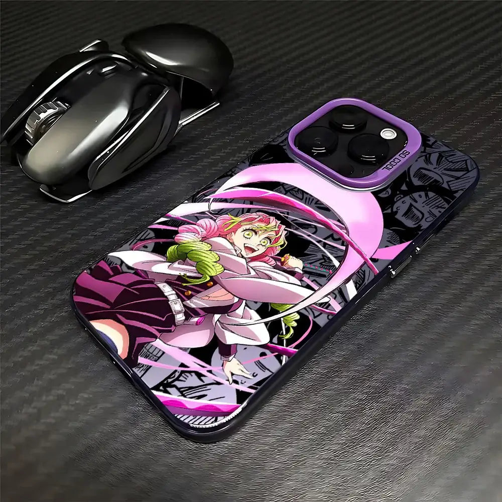 Matte demon slayer tanjiro phone case with purple frame featuring vibrant pink and green hair anime design on black back