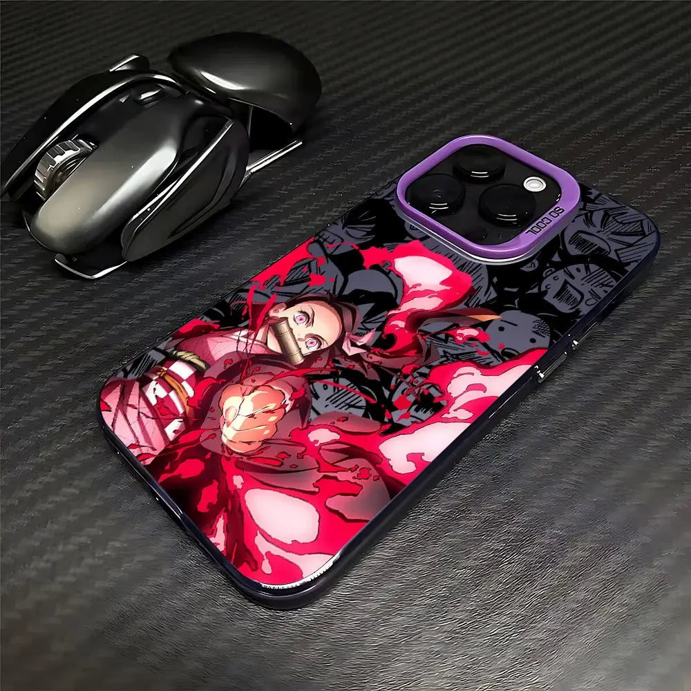 Purple-framed demon slayer tanjiro phone case with vibrant red and black anime design matte anti-fall cover