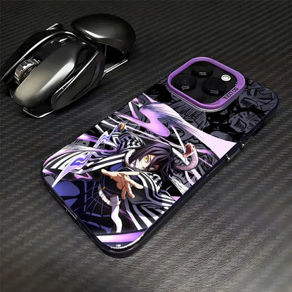 Purple and black demon slayer tanjiro phone case with glossy finish featuring dynamic character design on back side