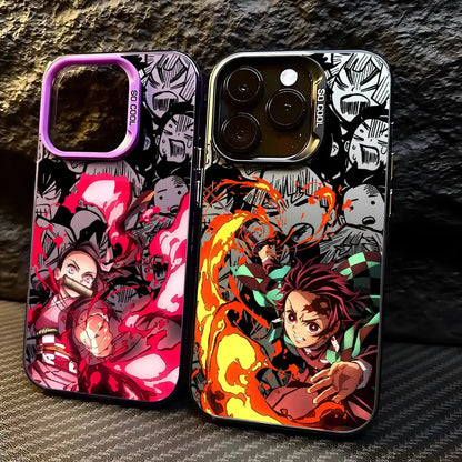 Two anime-themed demon slayer tanjiro phone cases with vibrant red and orange designs on a glossy surface