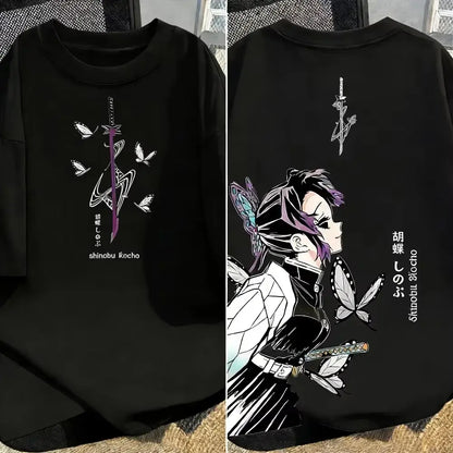 Black long-sleeved demon slayer t-shirt with shinobu kocho butterfly design in white and purple cotton y2k style for parent-child matching