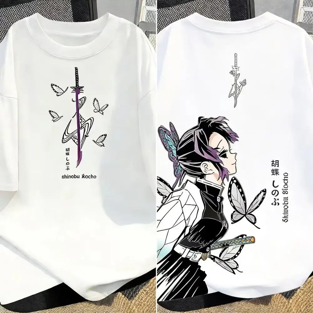 White cotton demon slayer t-shirt with black and purple shinobu kocho anime illustration and japanese text in y2k style