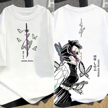 White cotton demon slayer t-shirt with black and purple shinobu kocho anime illustration and japanese text in y2k style