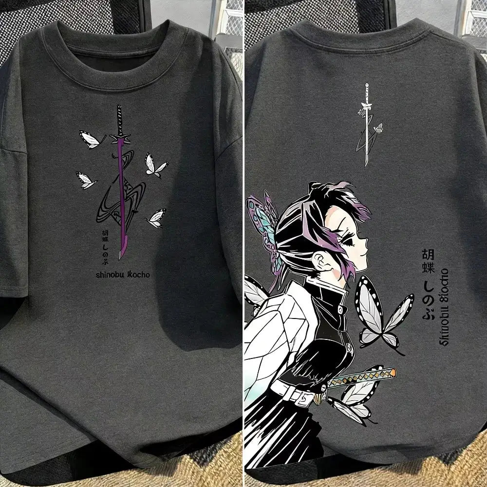 Dark gray cotton demon slayer long-sleeved t-shirt with shinobu kocho anime design butterflies sword front and back y2k style