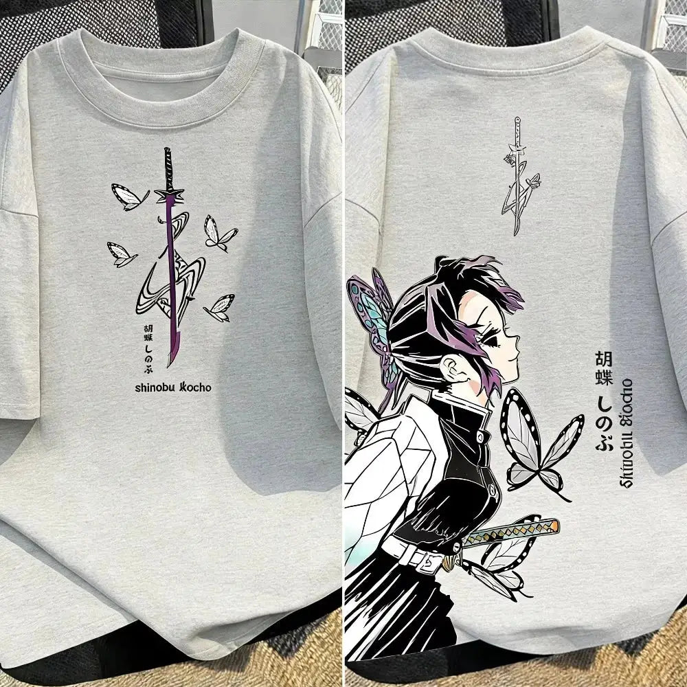 Light gray cotton demon slayer t-shirt featuring shinobu kocho anime illustration with sword and butterflies y2k style