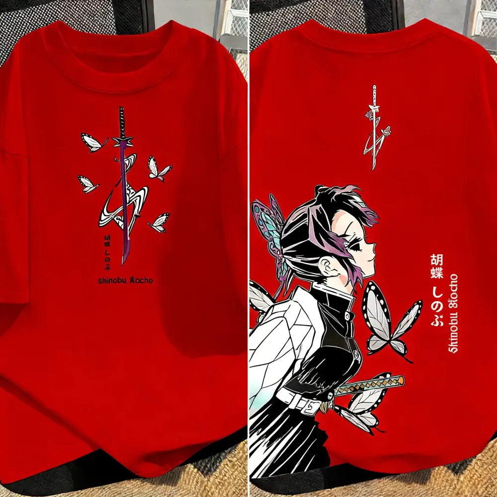 Red long-sleeved cotton demon slayer t-shirt with shinobu kocho anime graphic for y2k parent-child matching