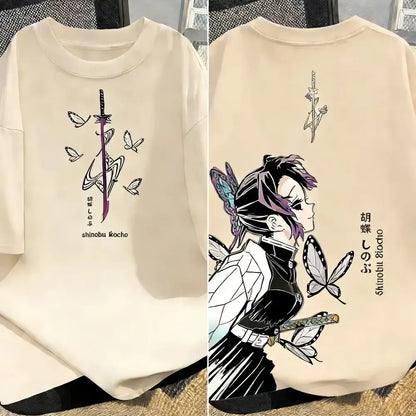 Cream-colored cotton demon slayer t-shirt featuring shinobu kocho anime art with butterflies in y2k harajuku style