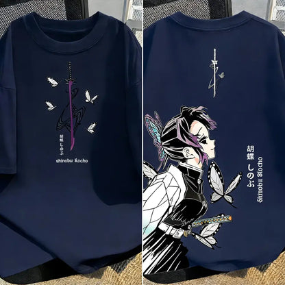 Navy blue cotton demon slayer t-shirt featuring shinobu kocho graphic with butterflies and sword in y2k harajuku style