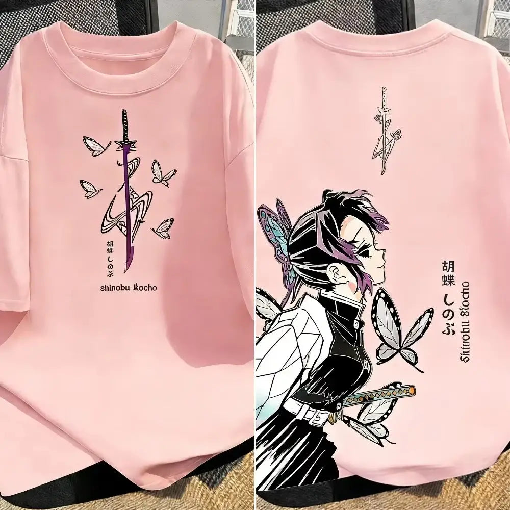 Pink cotton demon slayer t-shirt with shinobu kocho anime character butterfly wings and sword y2k parent-child matching