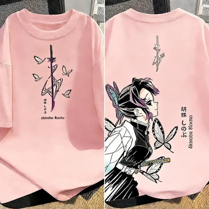 Pink cotton demon slayer t-shirt with shinobu kocho anime character butterfly wings and sword y2k parent-child matching
