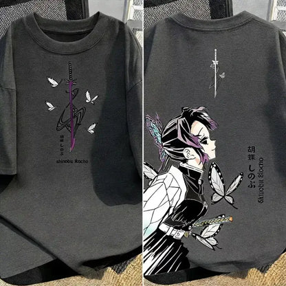 Dark gray cotton demon slayer tanjiro t-shirt with shinobu kocho anime design butterfly motifs y2k parent-child matching