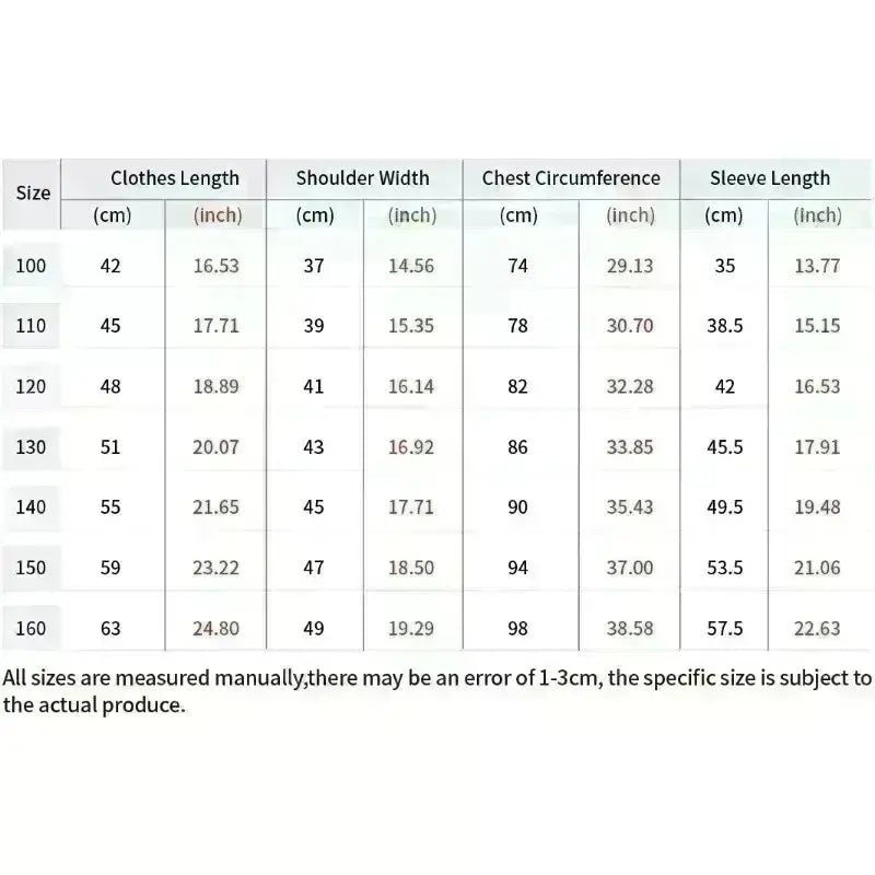 Size chart in cm and inches for demon slayer tanjiro t shirt in cotton y2k style with parent-child matching sizes 100 to 160