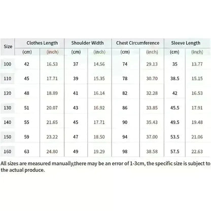 Size chart in cm and inches for demon slayer tanjiro t shirt in cotton y2k style with parent-child matching sizes 100 to 160
