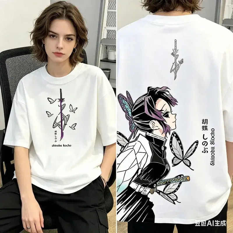 White cotton short-sleeved demon slayer t-shirt with purple shinobu kochō graphic in y2k harajuku style for parent-child matching