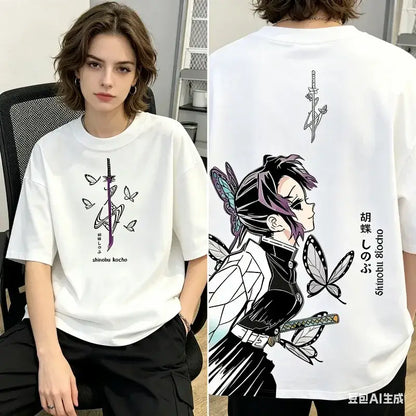 White cotton short-sleeved demon slayer t-shirt with purple shinobu kochō graphic in y2k harajuku style for parent-child matching