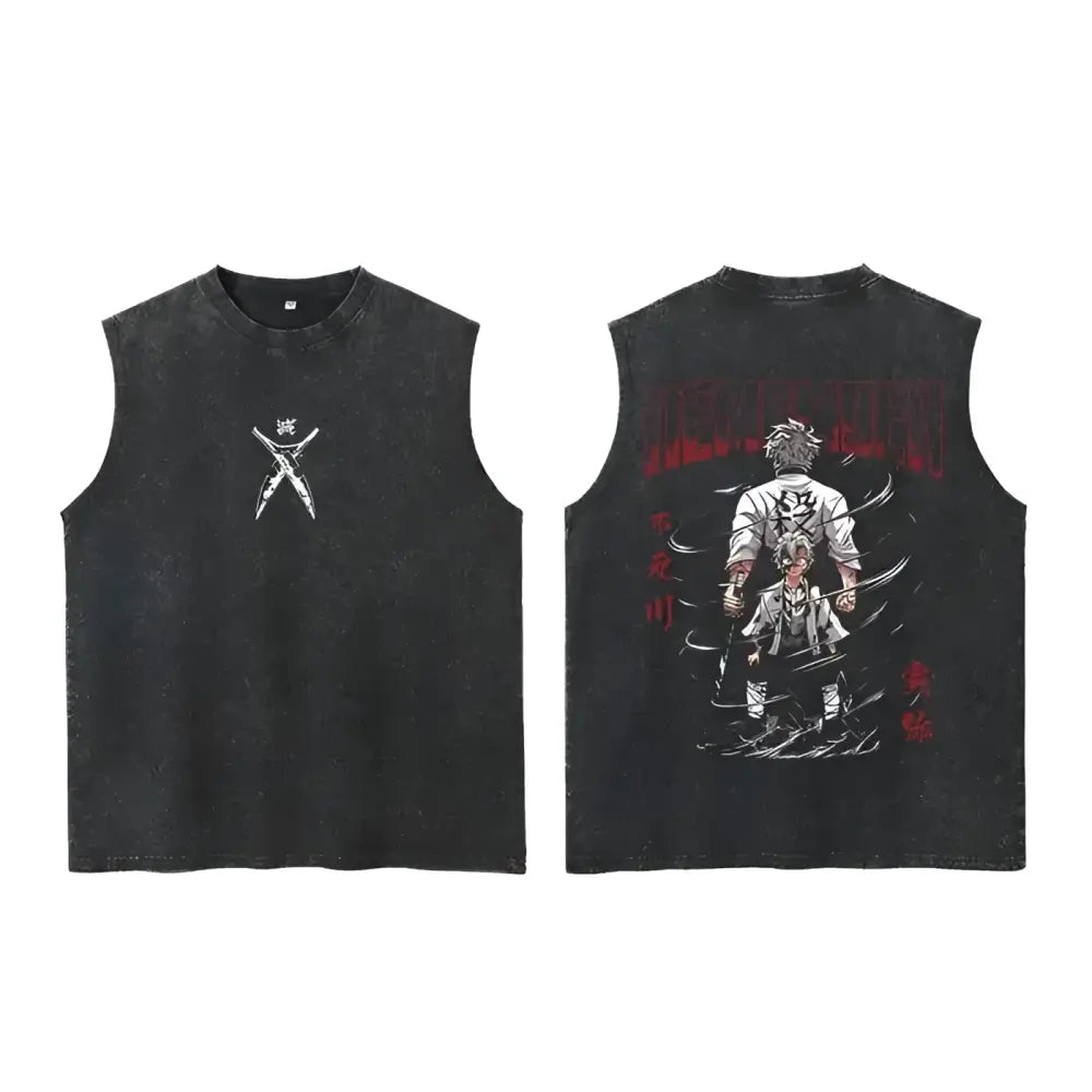 Black distressed sleeveless slayer tanjiro tank with oversized vintage washed fabric and anime graphic on the back