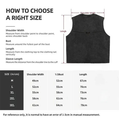 Black sleeveless Demon Slayer Tanjiro tank top with size chart and measurement guide for oversized vintage washed fit