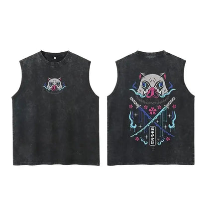 Black sleeveless demon slayer tanjiro tank with detailed inosuke graphic and vibrant blue pink accents on faded black fabric