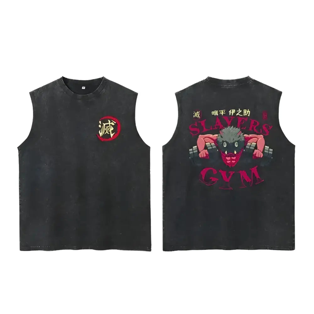 Black sleeveless slayer tanjiro tank top with faded distressed texture and bold red anime-inspired graphic prints