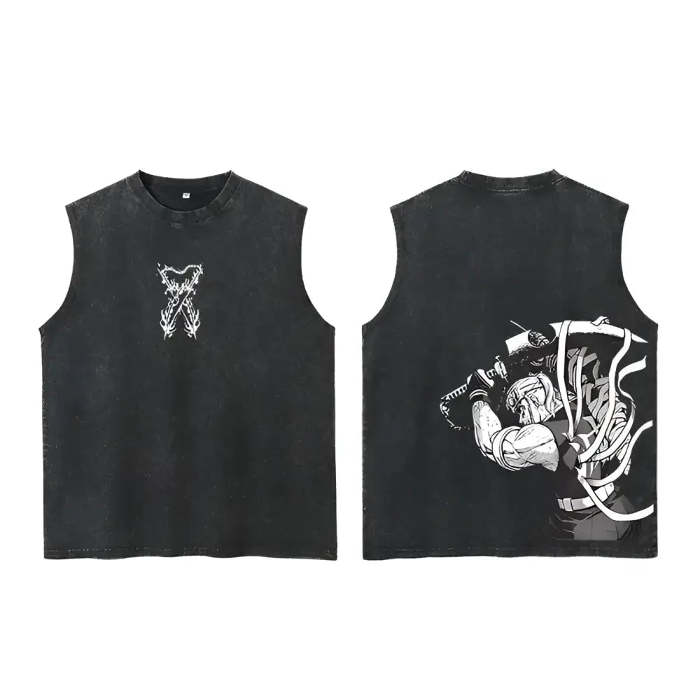 Black sleeveless cotton slayer tanjiro tank with white graphic prints and oversized vintage washed design
