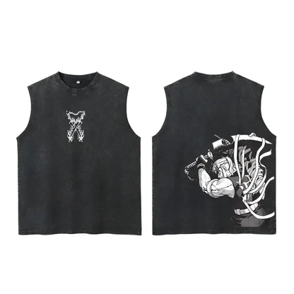 Black sleeveless cotton slayer tanjiro tank with white graphic prints and oversized vintage washed design