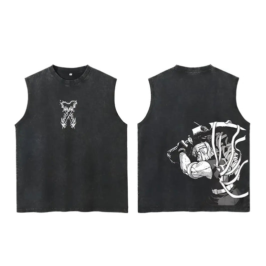 Black sleeveless cotton slayer tanjiro tank with white graphic prints and oversized vintage washed design