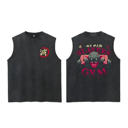 Black sleeveless slayer tanjiro tank with faded distressed texture and red gold anime graphic prints on front and back