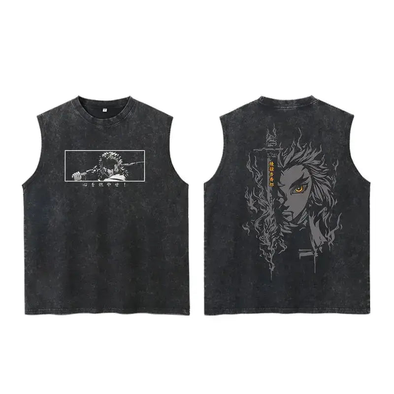 Black distressed sleeveless slayer tanjiro tank featuring anime character graphics on both sides in vintage washed style