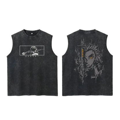 Black distressed sleeveless slayer tanjiro tank featuring anime character graphics on both sides in vintage washed style