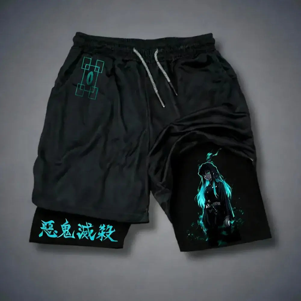 Black quick drying demon slayer tokitou muichirou sports shorts with glowing teal anime character and embroidered text