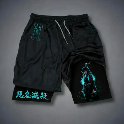 Black quick drying demon slayer tokitou muichirou sports shorts with glowing teal anime character and embroidered text