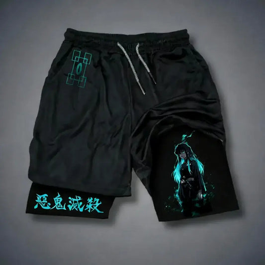 Black quick drying demon slayer tokitou muichirou sports shorts with glowing teal anime character and embroidered text