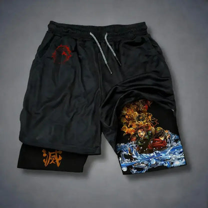 Black demon slayer tokitou muichirou sports shorts with vibrant anime print and red gold pocket embroidery quick drying