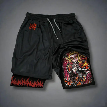 Black demon slayer tokitou muichirou sports shorts with vibrant anime design and orange kanji symbol quick drying